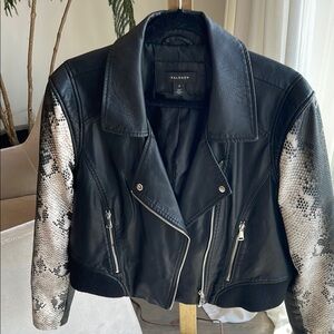 Halogen Black Leather Jacket with Snake Print Sleeves